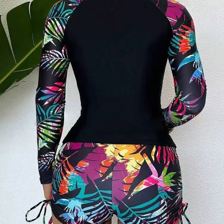 

New Cross-Border Long-Sve Printed Swimwear Ladies' Tankini Split Design Casual Surfing Bikini with Chest Pad No Steel Support