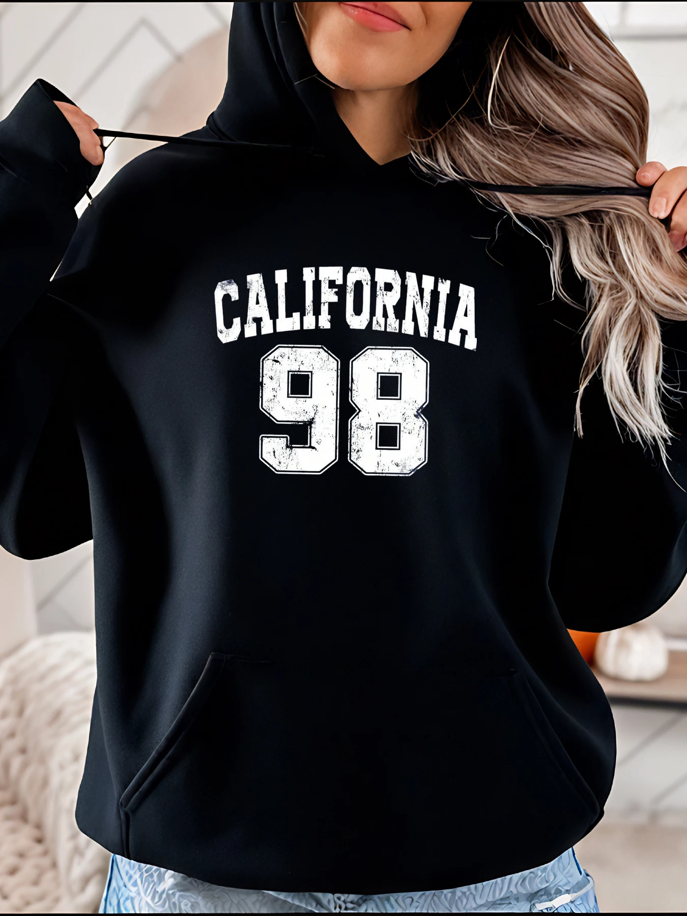 캘리포니아 98 프린트 후디 캐주얼 스트리트웨어 스타일 앞주머니 여성용 일상복