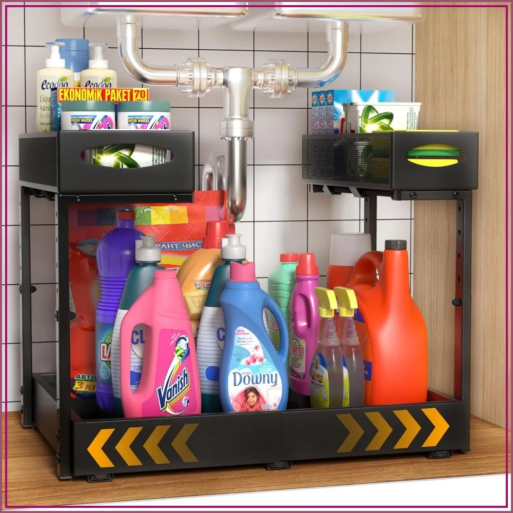 

Expandable Under Sink Organizer, 14-21"W x 13-17"H, 2-Tier Pull Out Storage Rack with 3 Sliding Rails for Kitchen Bathroom Cabinet