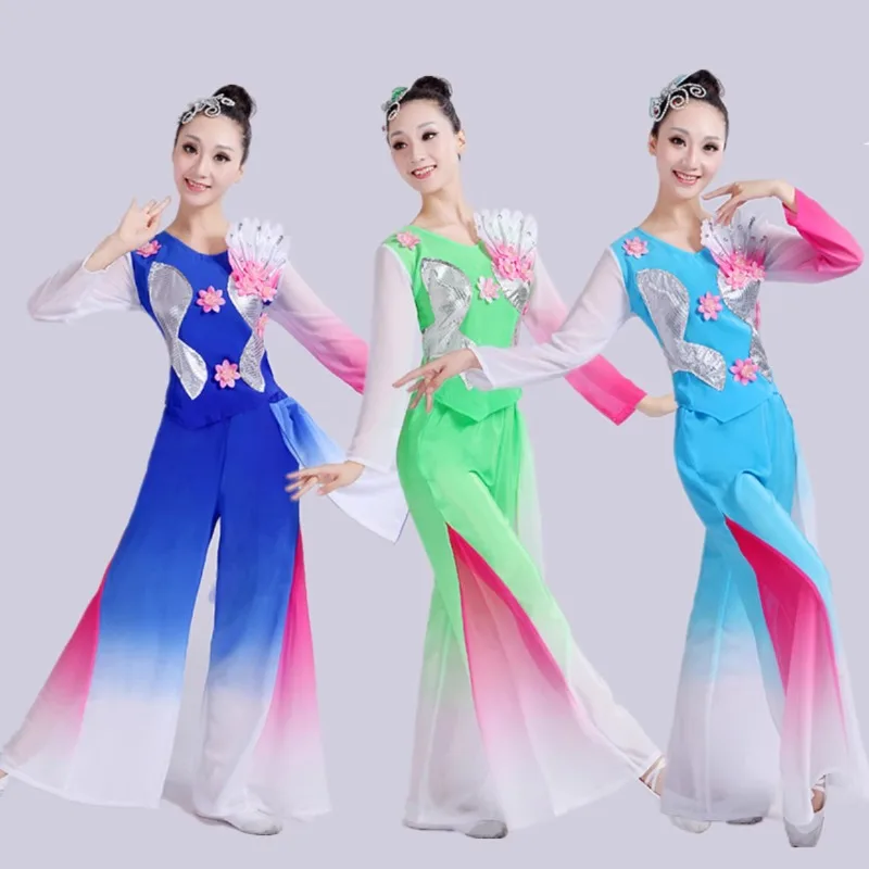 伝統的な中国の民族舞踊衣装女性用ヤンコ服古典的な漢服ダンスウェア古代のエレガントなスクエアダンス衣装