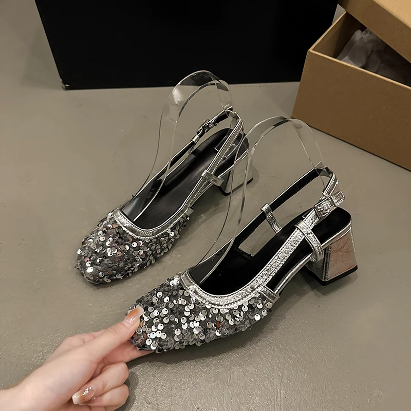 

Women's Baotou Slippers Spring New Square Head Shallow Mouth Glitter Cloth Anti-slip Wear-resistant High Heels