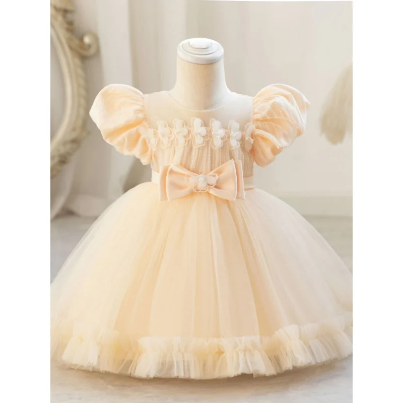 Children's Formal Dress First Birthday Dress Bowknot Princess Dress Wedding Dress Evening Dress Puff Sleeve Puffy Dress In Stock