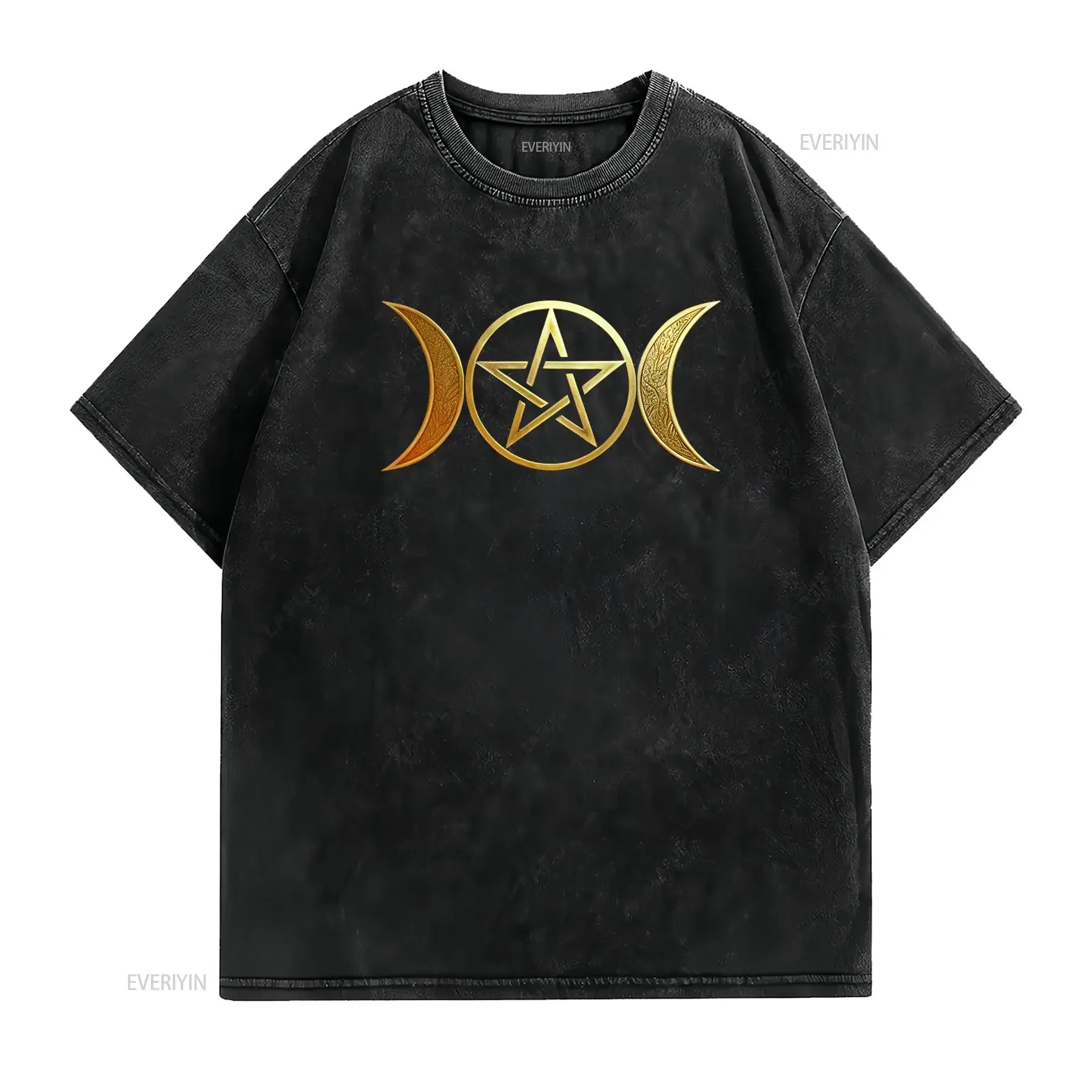 Gothic Occult Golden Triple Moon Pentagram Wiccan Pagan Symbol Print Casual T Shirt vintage Washed designer clothes Stylish
