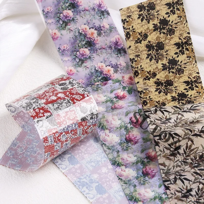 10Pcs Nail Art Stickers Retro Mixed Floral and Starry Sky Decals—Rose Floral and Checkered Patterns for Custom DIY Designs