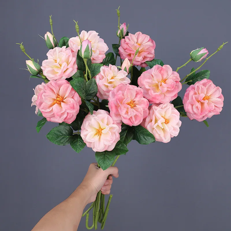 5 Stück Feuchtigkeitsspendende 3-Kopf-Rosen, Künstliche Blumen mit Echtem Touch, Hochzeitsdekoration, Brautstrauß-Zubehör, Heim- und Raumdekoration, Floristik – Detail 5