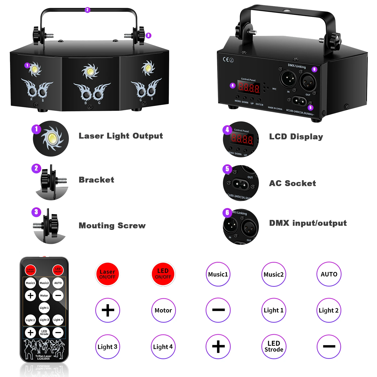 U'King 9-ogen projector RGB laserfeestlicht Afstandsbediening Podiumeffectverlichting 7CH DMX512 Nachtclubverlichting voor DJ Disco Show