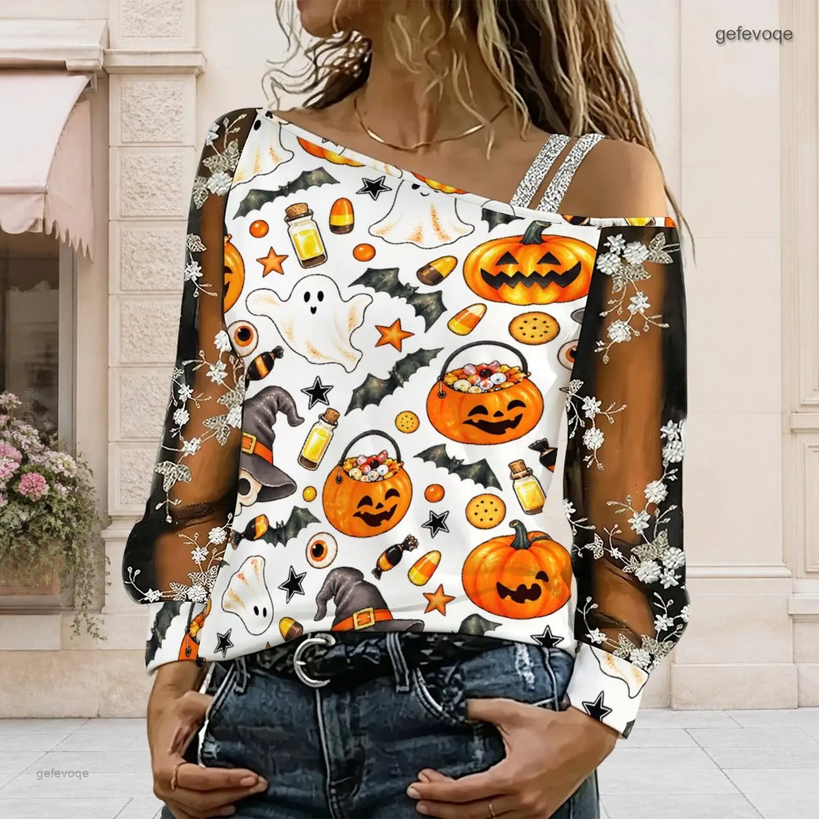 Women Asymmetric Cold Shoulder Long Sleeve Top, Halloween Dachshund Witch Print Sheer Floral Mesh Blouse