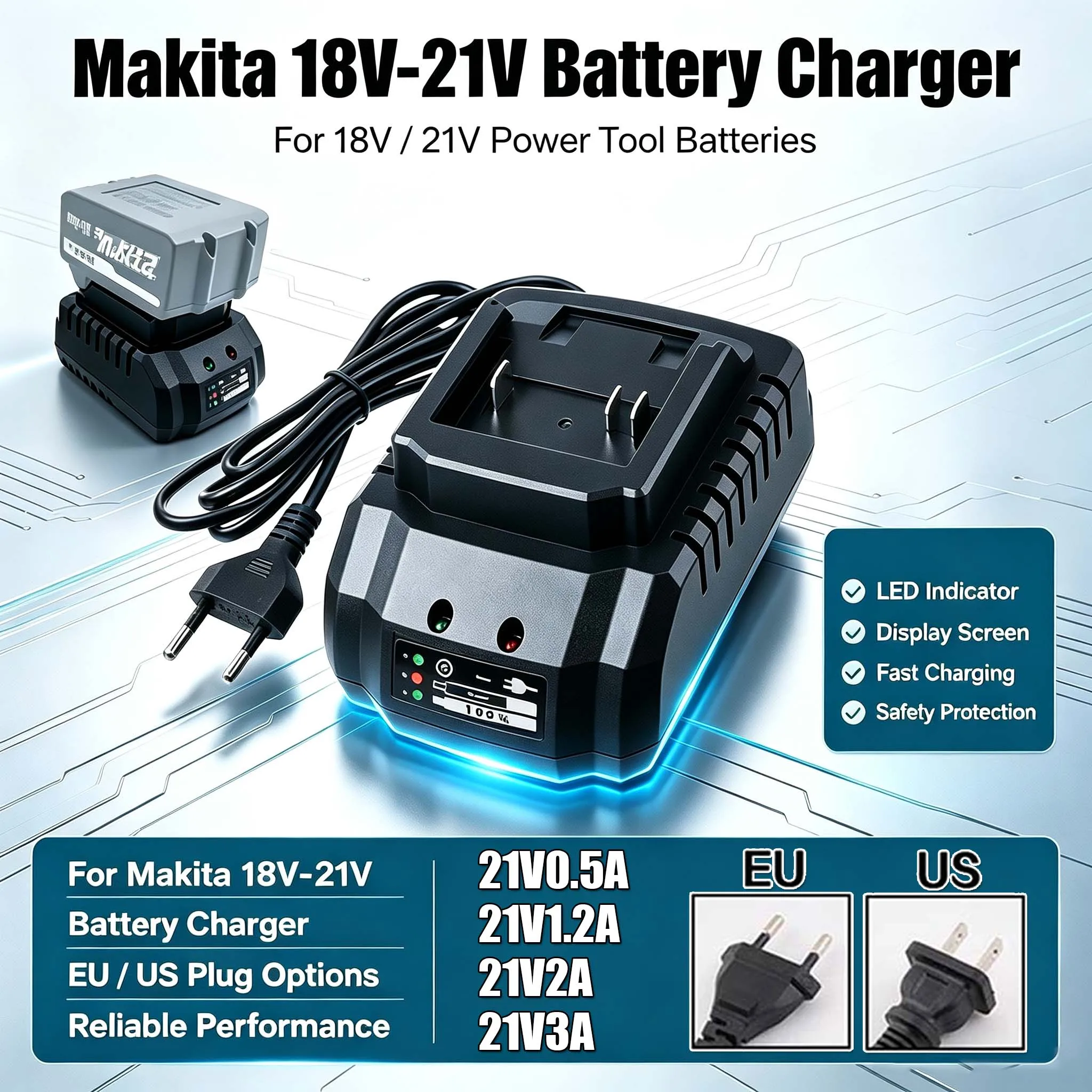 For Makita 18V 21V EU US Battery Charger Replacement Li-lon BL1420 BL1415 BL1815BL1830 BL1840 BL1860 Electric Drill Grinder