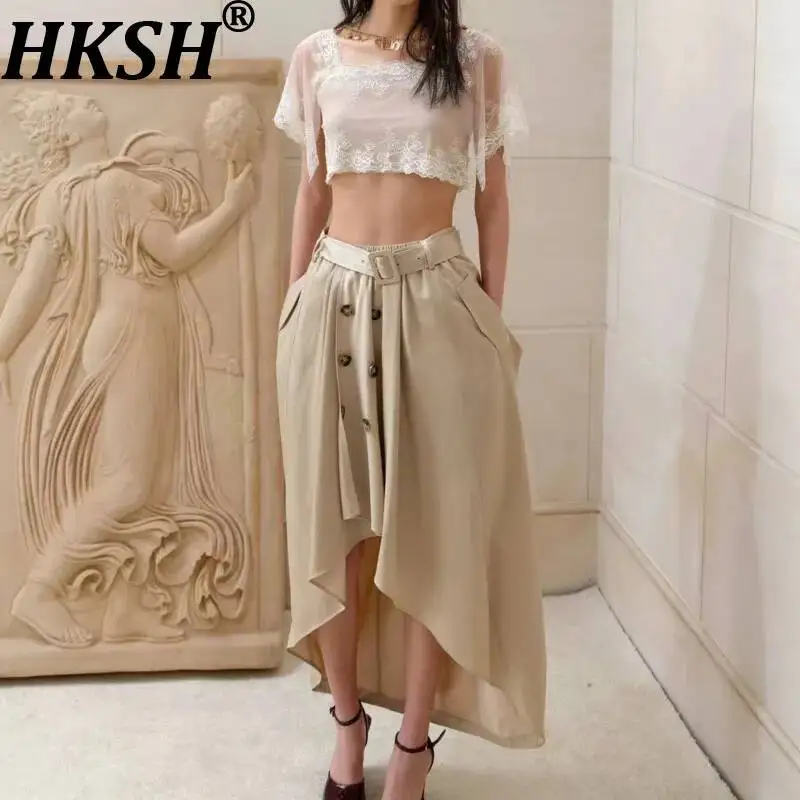 

HKSH Women Skirt Two-Way Wear Belted Pleated Irregular Cut Buttoned Trend Skirts Chic Tank Top Sexy Short T-shirt Summer HK23640