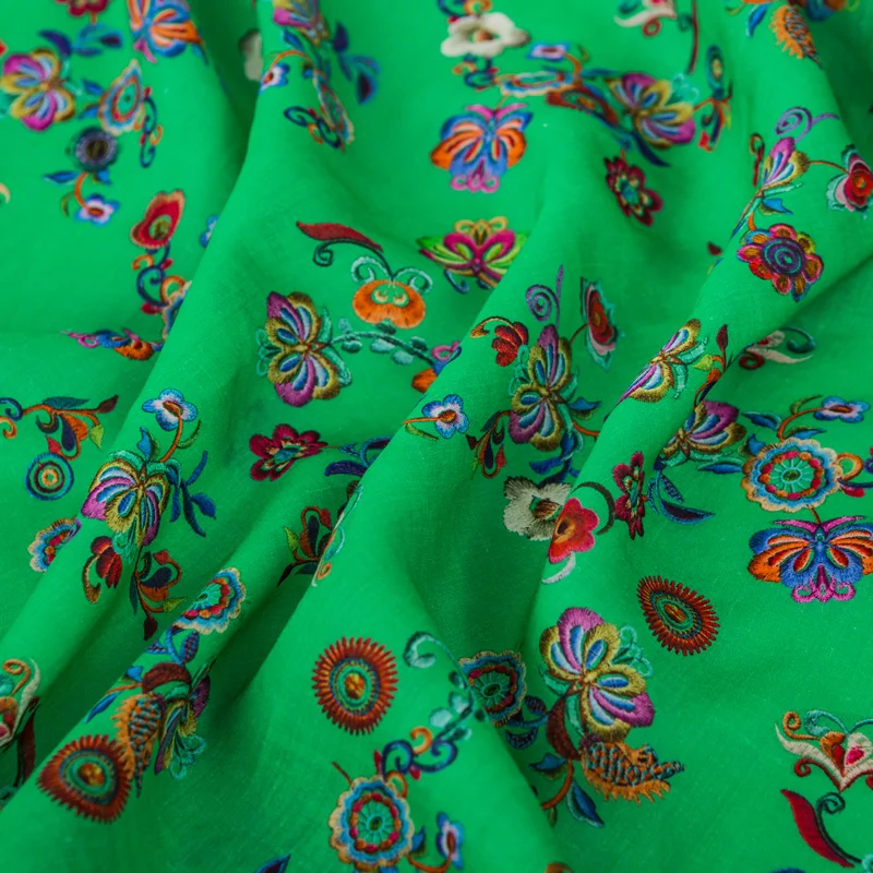 

small green flowers Pure Ramie Cloth Printed Fabric For Dresses Robe Summer Thin cheongsam linen fabric for clothing