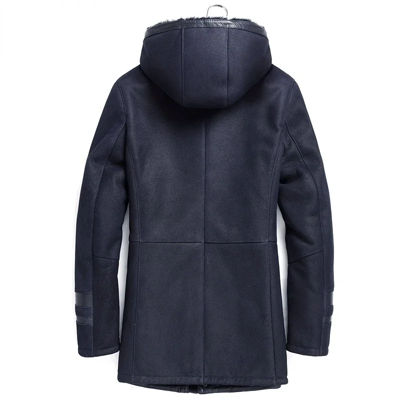 YOLANFAIRY Winter Natural Fur Coat Men Business Hooded Sheepskin Real Leather Fur Jacket Men's Medium Long Coat Casaco Masculino