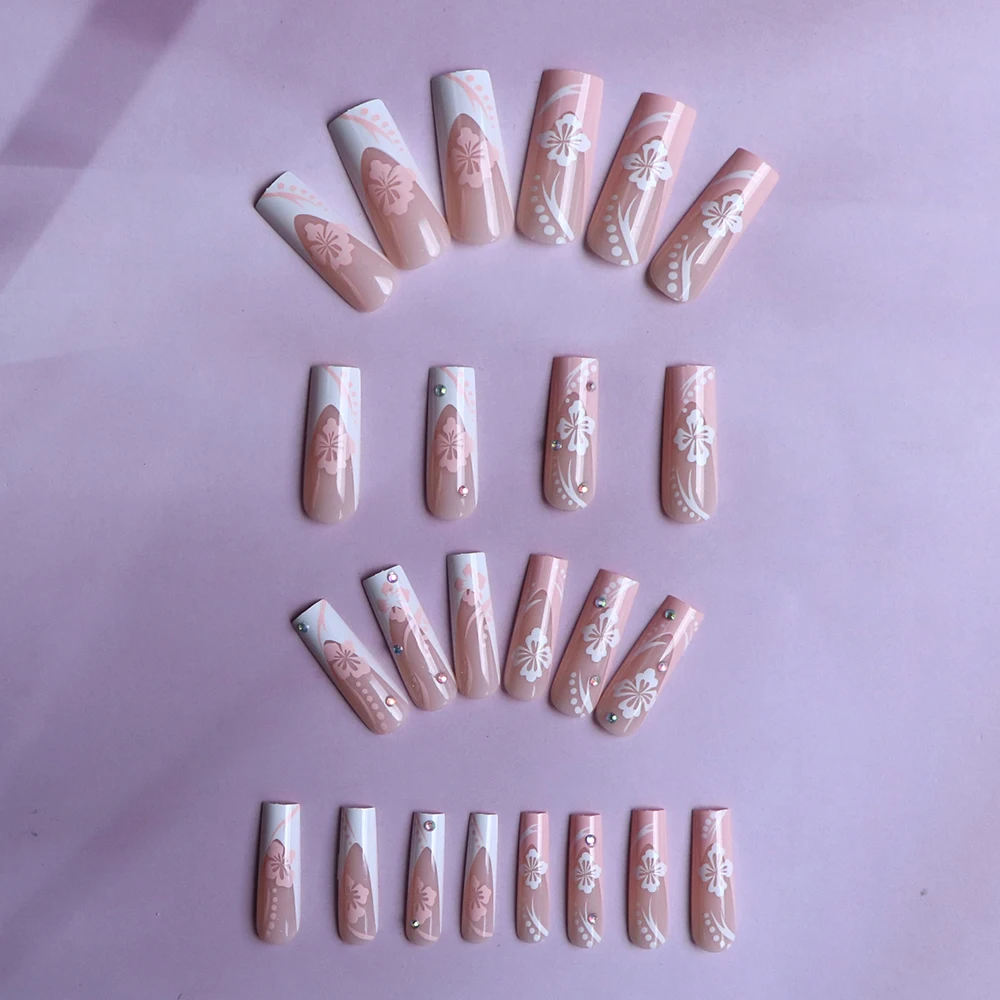 144pcs/6set-1 Instantly Upgrade Your Look With Long Ballerina Pink Yellow Green Red Cherry Blossom Green Leaf Design Fake Nails