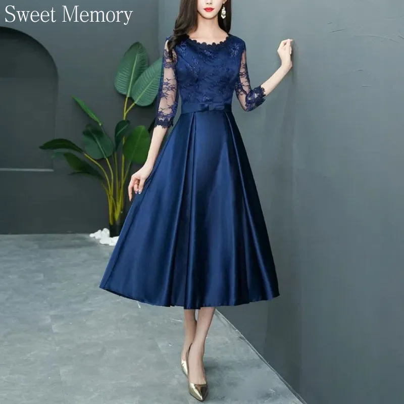 N94 Sweet Memory Customize Black Light Champagne Navy Blue Evening Dresses Lace Sleeves Satin Wedding Guest Dress Christmas Year