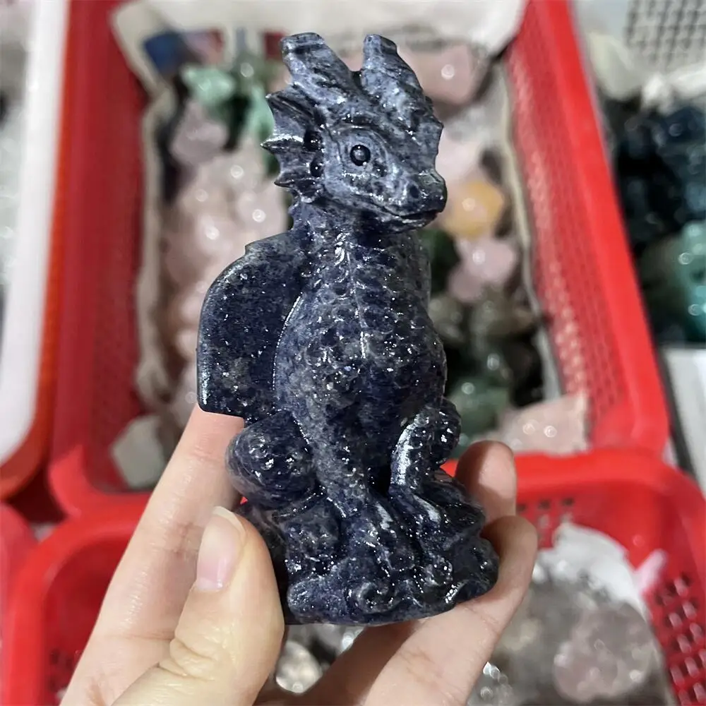 Blue Apatite Cartoon Dragon Carving Natural Quartz Healing Crystal Animal Home Decor Unique Birthday Gift Craft