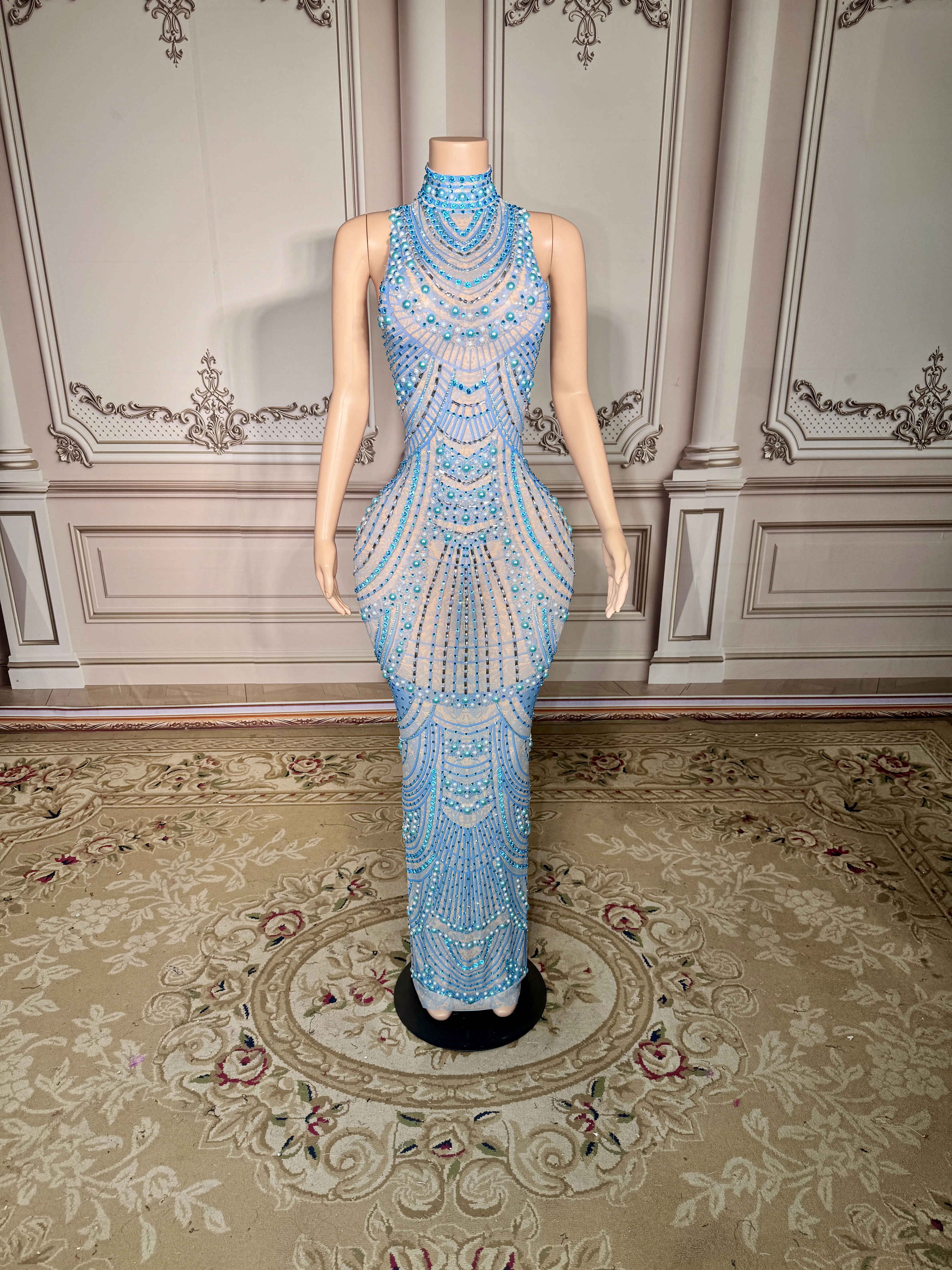 ZD レディース セクシー シースルー シアー メッシュ 長袖 ホローアウト ラインストーン装飾 フロア丈 パーティー ドレス