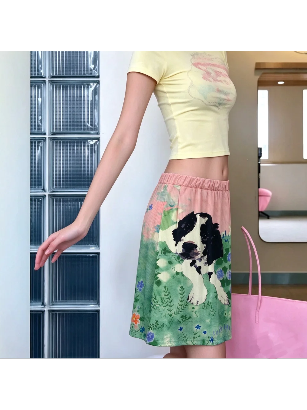 New Summer Cute Animal Printed Medium length Skirt with Dog Flower Elastic Waist A-line Casual Half length Skirt for Vacation