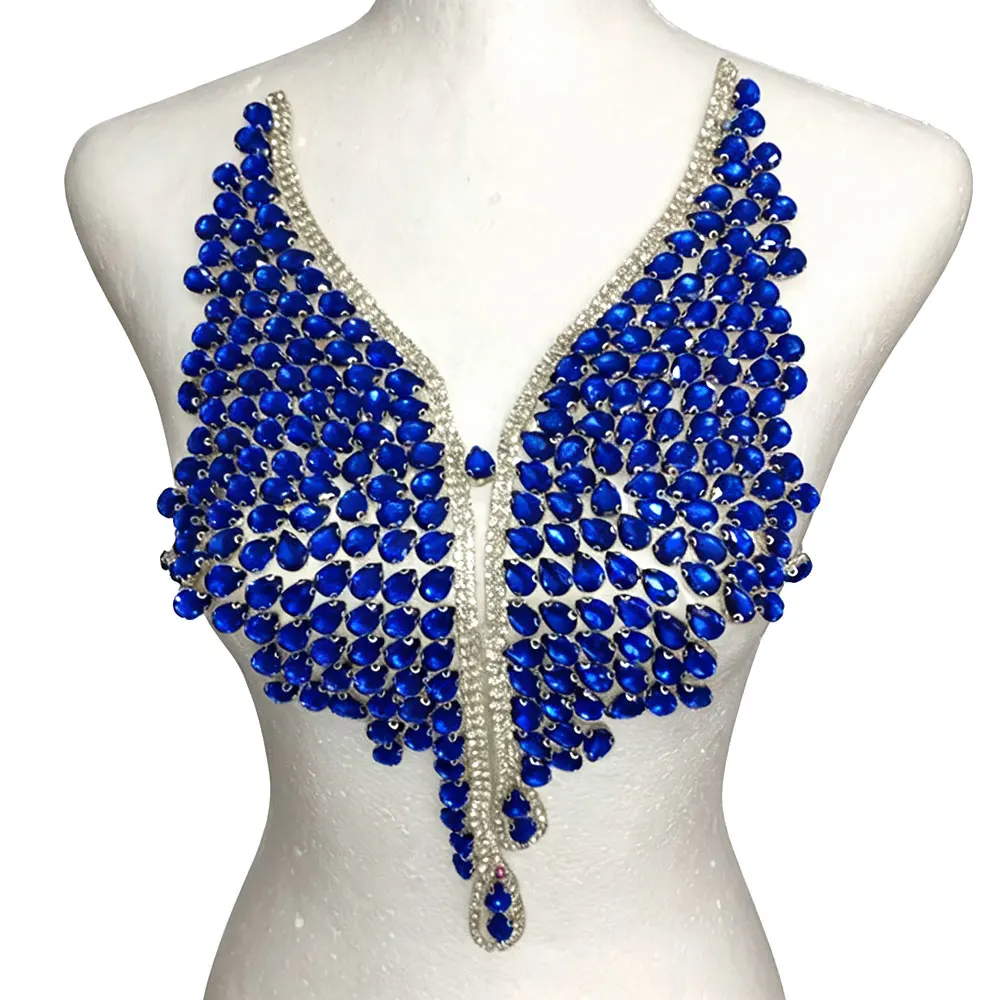 Hotfix Rhinestones Bodice Applique, Blue Teardrop Crystal V-Neck Rhinestone Patch for Wedding Dress Prom Gown Costume Decoration