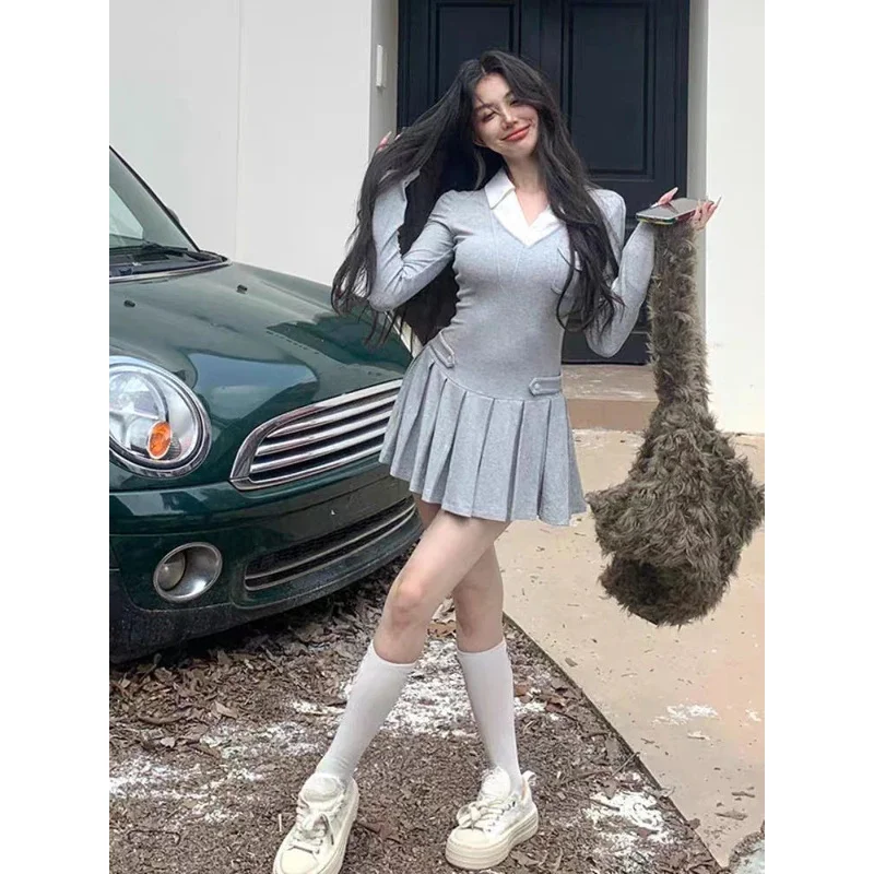 Frühling American Vintage Hemd Plissee Kleider Frauen Kleidung Slim Fit Polo Neck Langarm Wolle Schwarz Kurze Party Kleid Koreanische