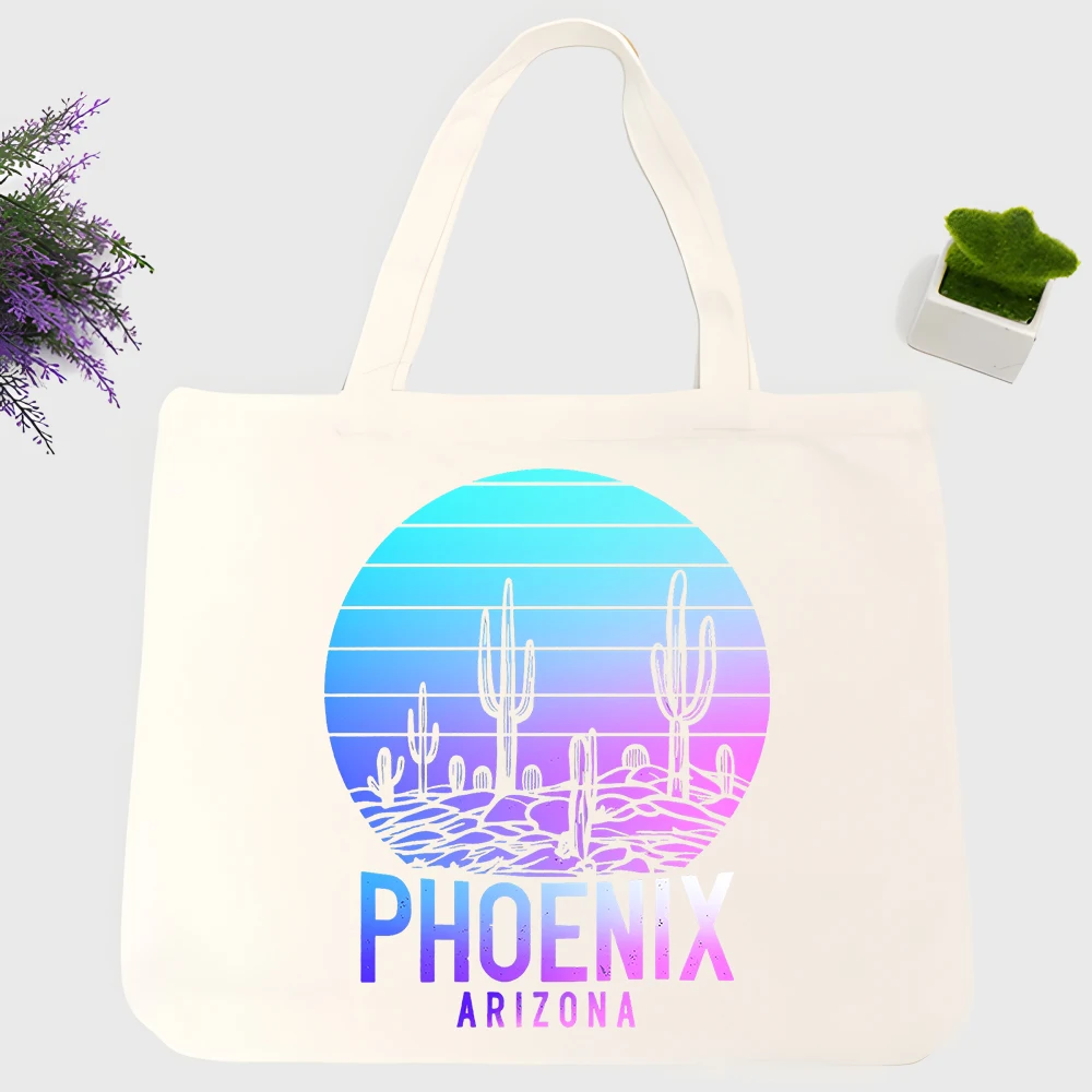 cactus landscape print canvas tote bag with retro sunset design, ideal for casual daily use and summer outings
