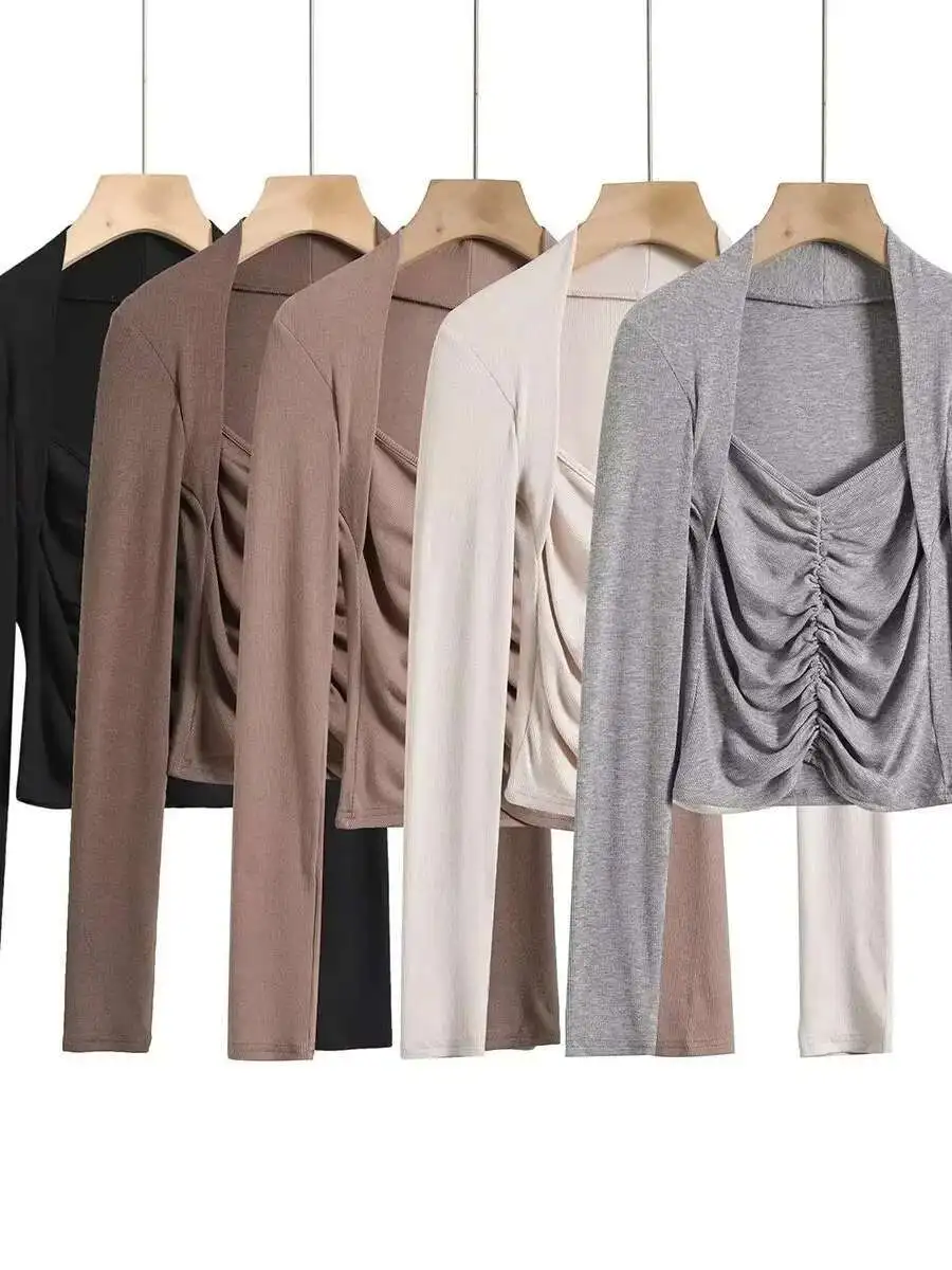 2024 Autunno Nuovo Ragazza Piccante Nicchia Design Senso Scollo A V Falso in Due Pezzi Manica Lunga Cinching Vita Solido Sottile Maglia Pullover NLB0