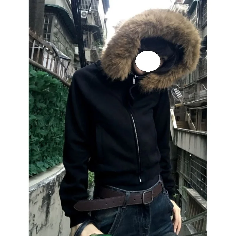 سترة نسائية بغطاء للرأس بأسلوب البانك لفصلي الخريف والشتاء، تصميم Y2K مع ياقة فرو، كارديجان علوي بأسلوب الشارع الأمريكي الداكن #1