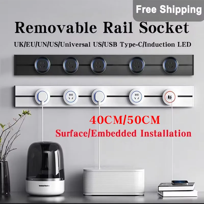 

Universal Wall Mounted Power Track Rail Socket with UK/EU/US Plugs & USB Type-C, Ideal for Kitchen & Bathroom, Embedded Design