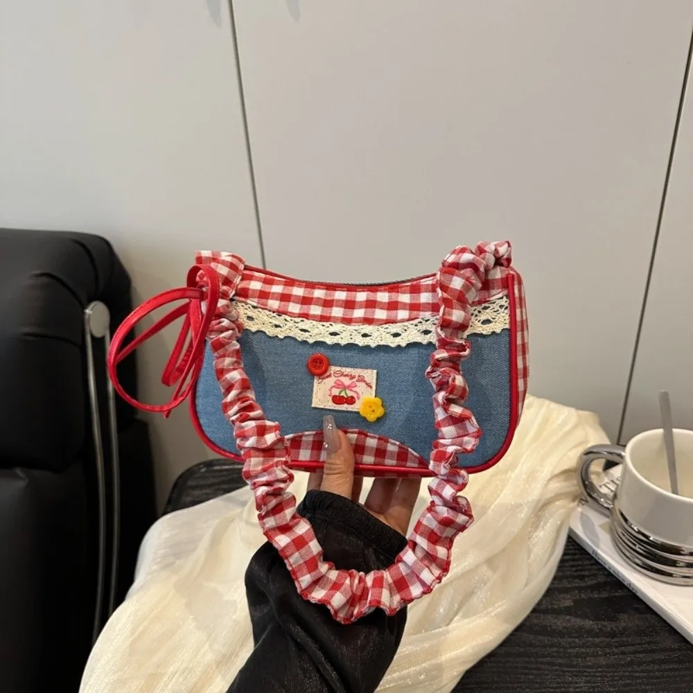 

Vintage Rural Style Lattice Shoulder Bag Plaid Leisure Denim Underarm Bag Bow Drawstring Crossbody Bag Students