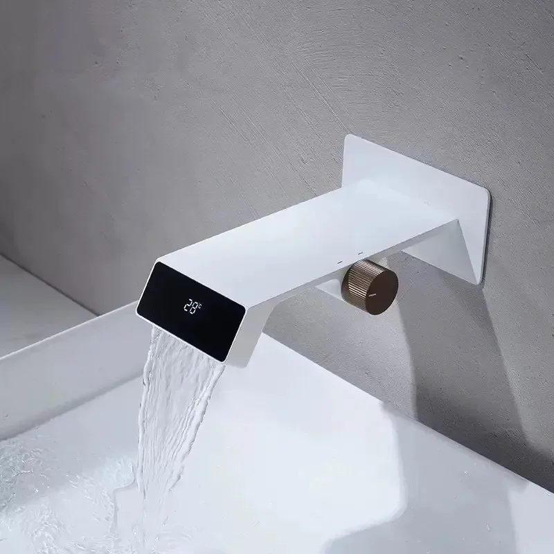 

Basin Faucet Mixe Gray Brass Sink Tap Wall Mounted Temperature Digital Display With Embedded Box Waterfall Type Hot Cold White