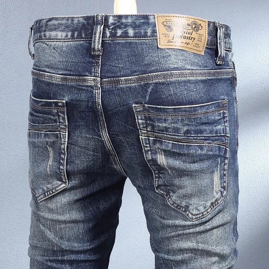 newY2K high-quality jeans, scratch washed, nostalgic, stretchy, slim fit, retro blue men's jeans, Italian designer, hip