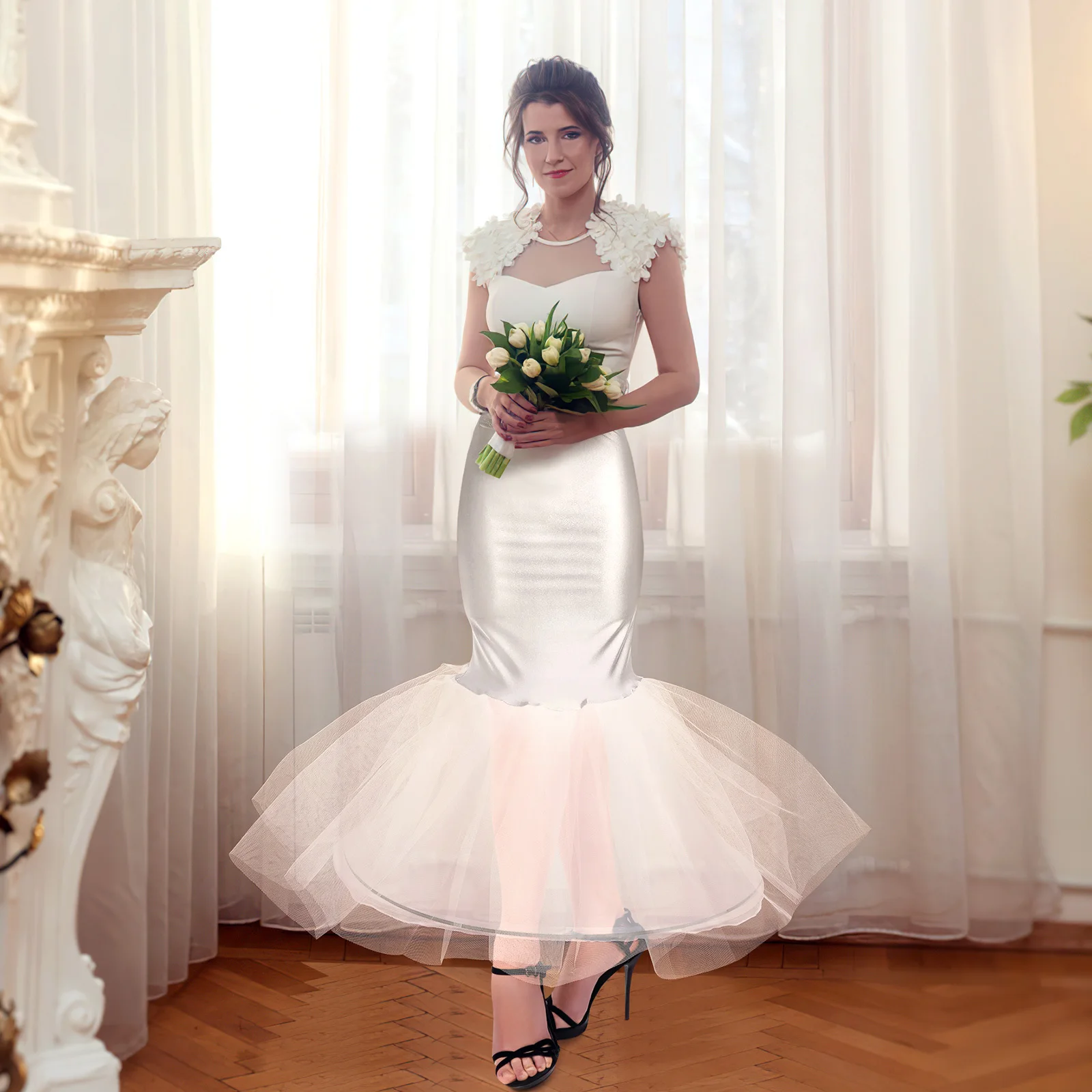 

White Wedding Petticoat Adjustable Waist Single Layer Polyester Underskirt Full Shape for Girl Communion Dresses
