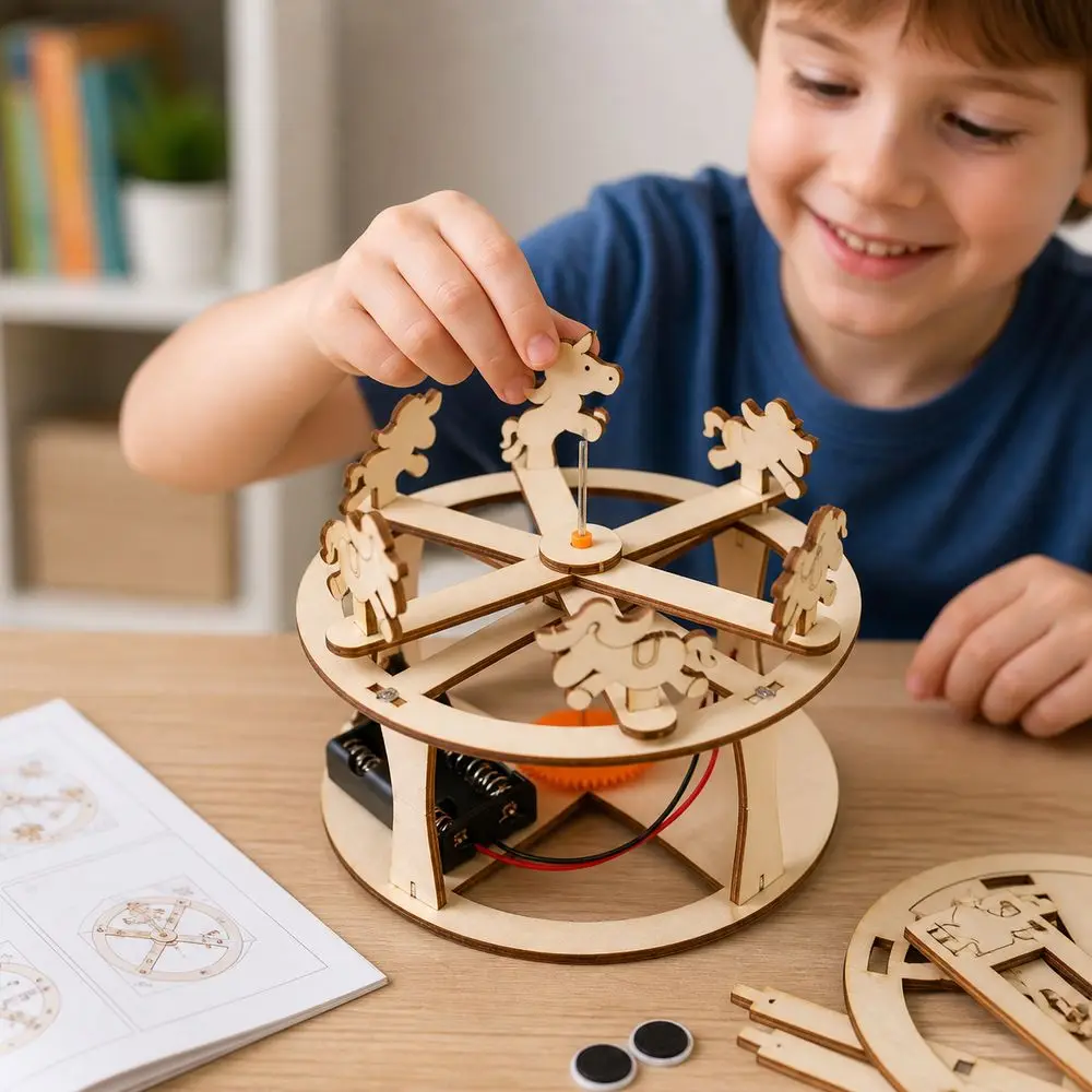 3D Wooden Carousel Model Horse Figure Hands-On Assembly DIY Carousel Kit Physics Demonstration Rotating Carousel Model