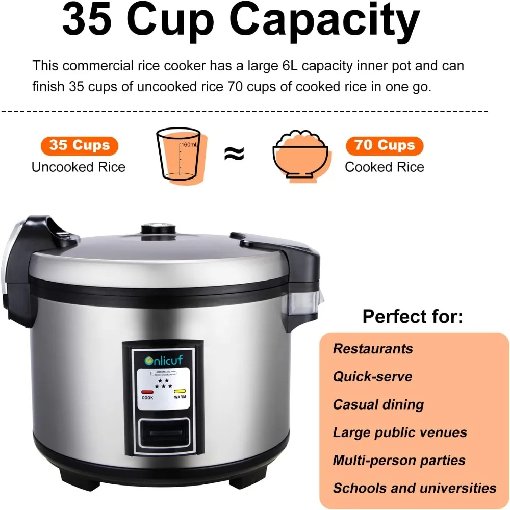 Onlicuf Commercial Rice Cooker 70-Cup Cooked (35-Cup Uncooked) Stainless Steel Housing 1550W for Restaurant