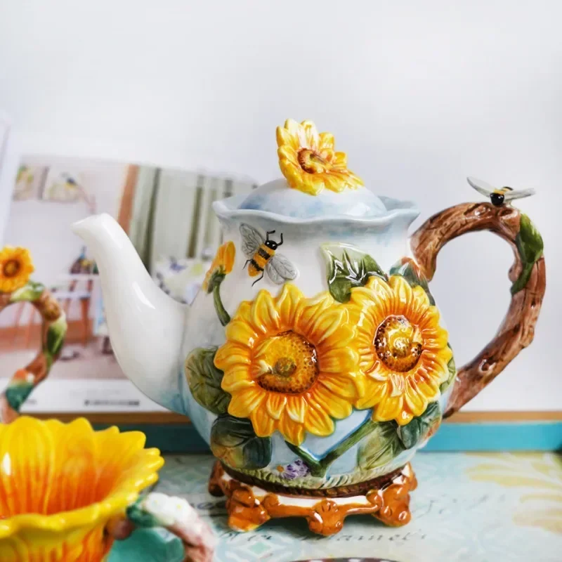 Creative Sunflower Ceramic Tea Set Exquisite Hand-painted Coffee Cup Kitchenware Gift Tea Cup Home High Appearance Level Teapot