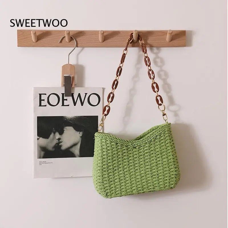Solid Color Hollow Woven Straw Shoulder Bag Underarm Handbag Multi Color Lightweight Beach Crossbody Bag for Women Summer