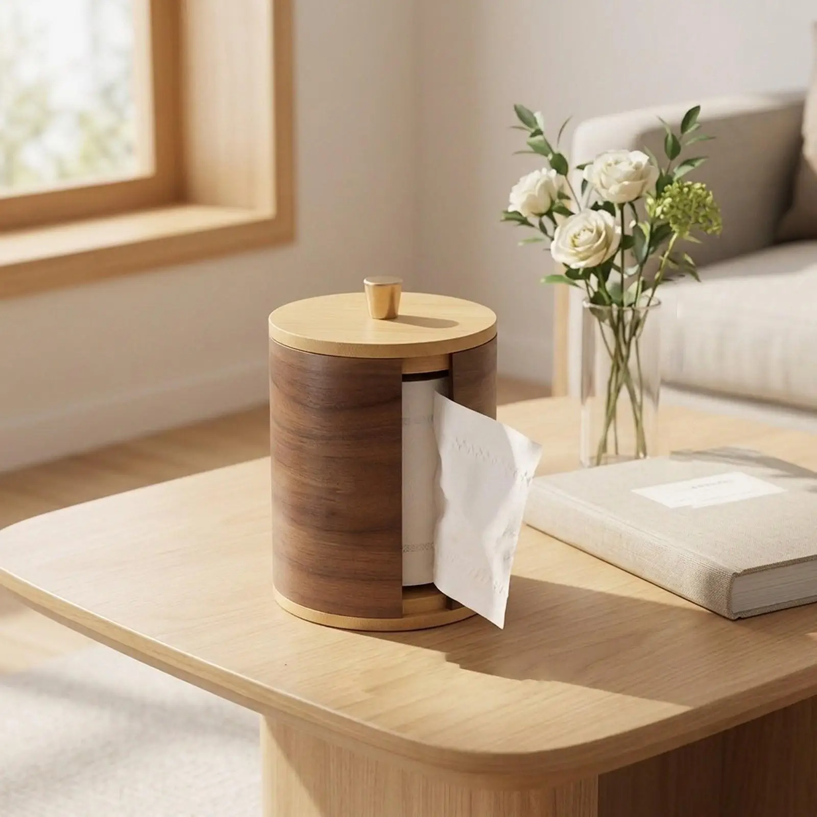 Wooden Tissue Box Holder Iron Base Stylish Paper Roll Stand for Bathroom Office Bedroom Table