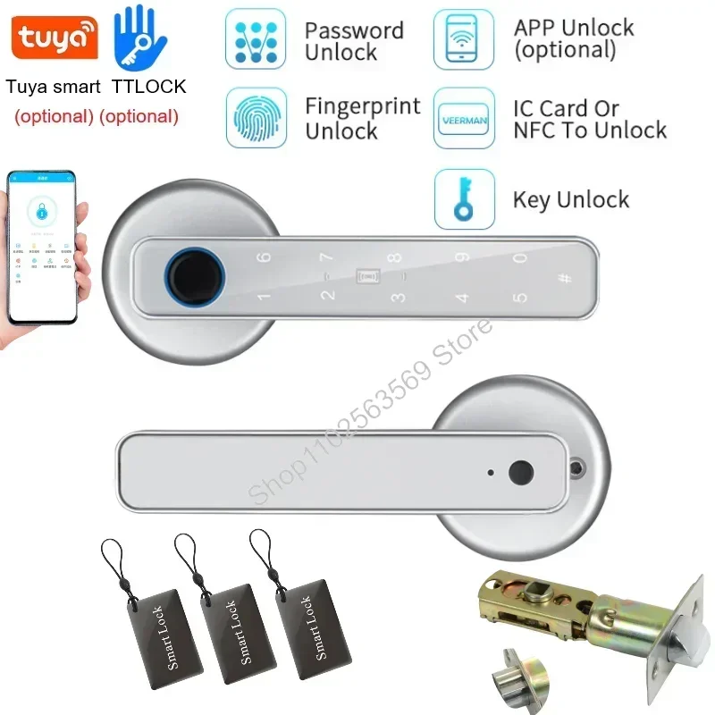 TTlock/Tuya BLE Smart Lock Fingerprint Password RFID IC Card Sensing Single Latch Lock for Indoor Home Wooden Door APP Unlock