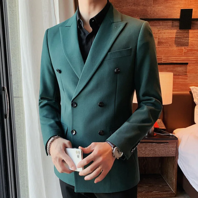 

Men Streetwear Suit Jacket Spring Green Vintage Double Breasted Blazer Hombre Business Casual Suit Blazer Coat Uniform