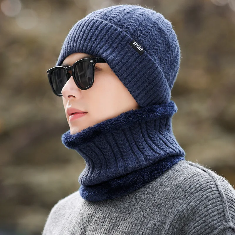 Winter Solid Color Cloth Label Sports Knitted Hat Men Simple Outdoor Warm Ear Protection Scarf Wool Hat Two Piece Set Soft