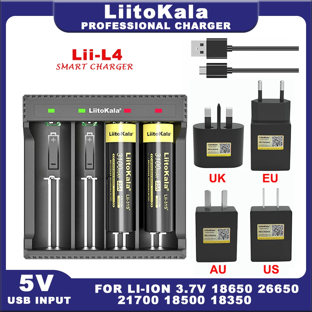 LiitoKala-Carregador de Bateria Recarregável, Lii-L16340, Lii-L4, 4-Slot, 3.7V, 16340, CR123A, CR17335 Baterias