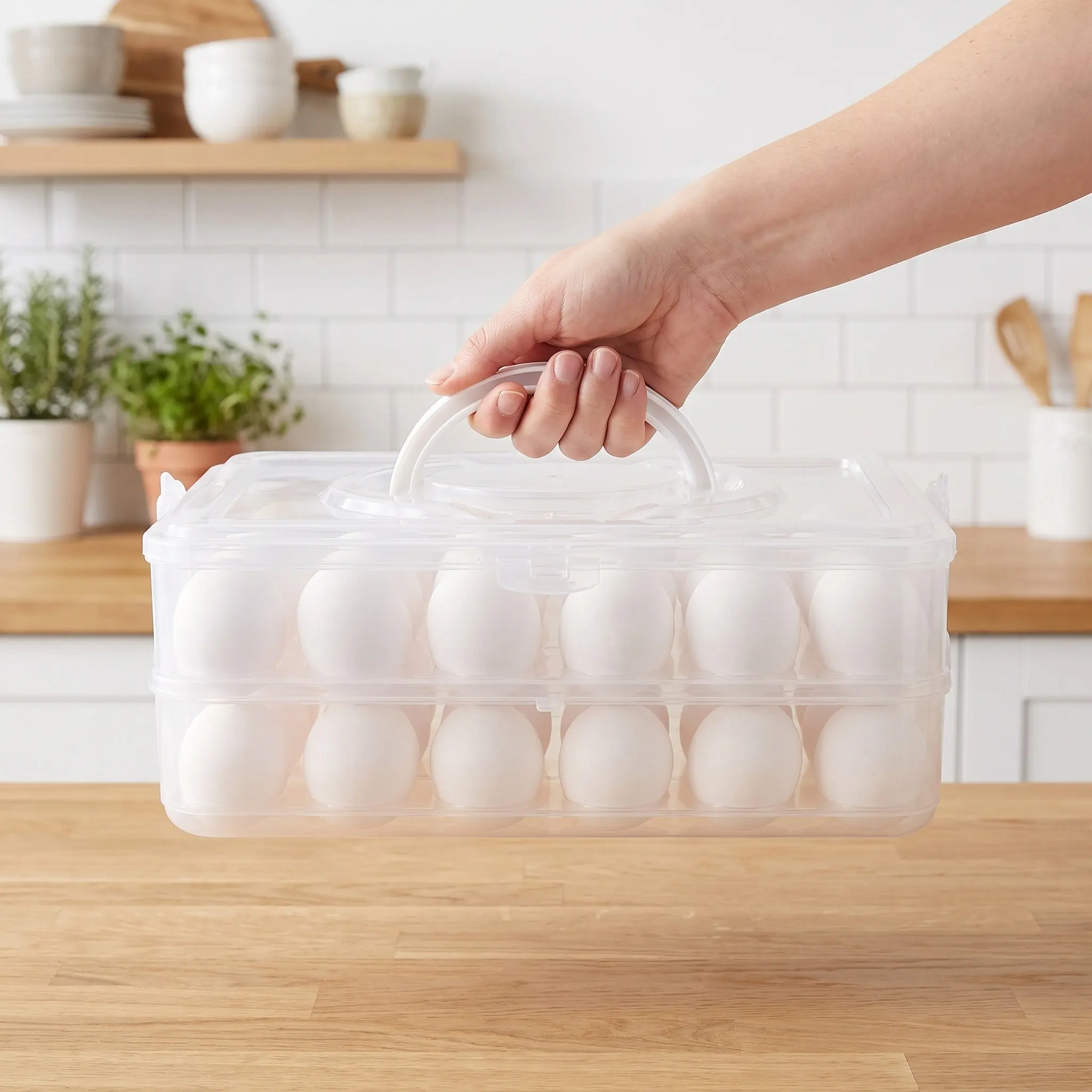 2Pcs Double Layer Deviled Egg Tray Carrier Lid Handle Portable Stackable Fridge Egg Holder Leakproof for Travel Party