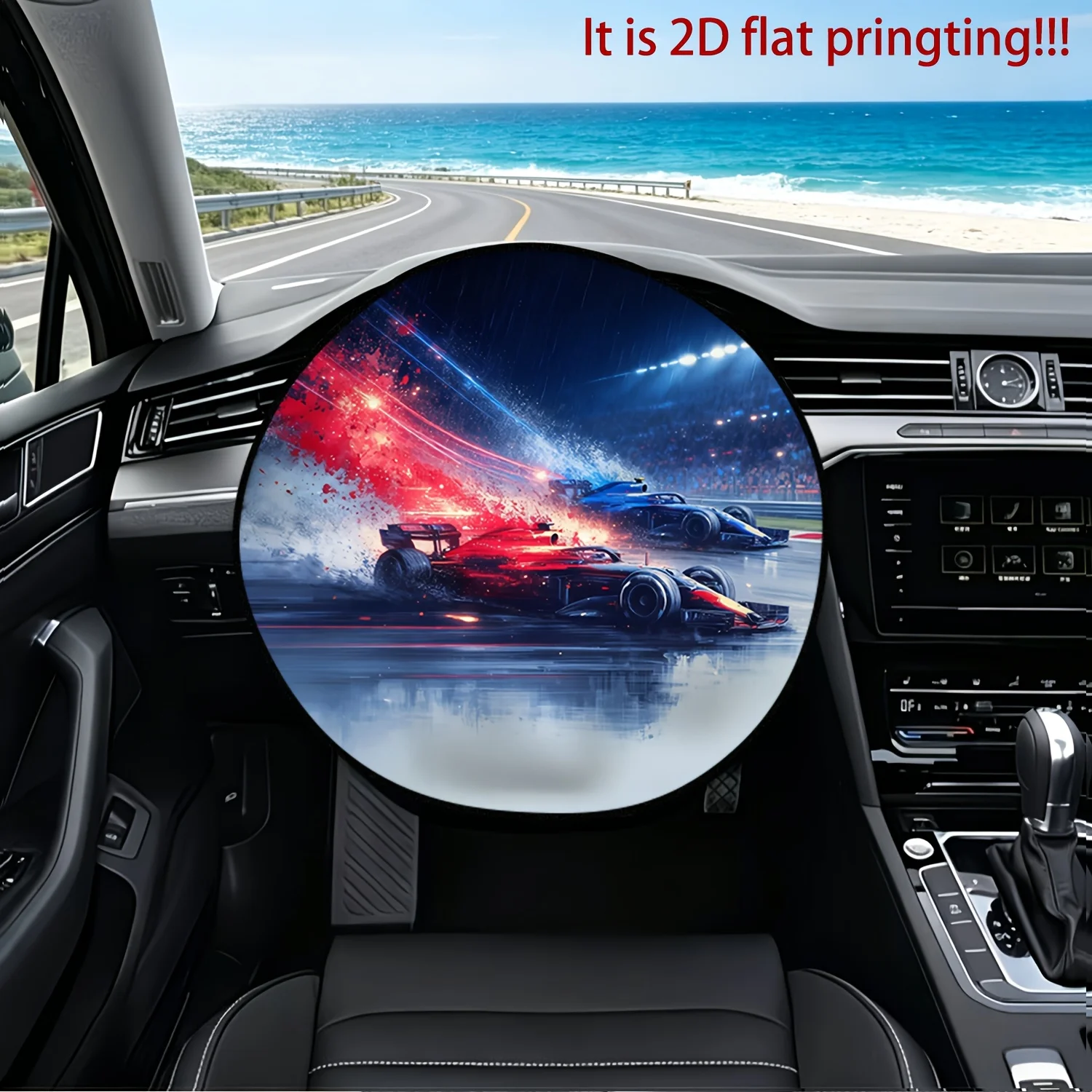 1pc Car Steering Wheel Cover, Rainy Night Race Track Red Blue Formula Racing Speed Racing Printed Design, Steering Wheel Sunshad