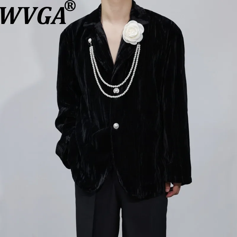 

WVGA Spring Autumn New Men Tide Pearl Camellia Brooch High-end Trendy Suit Coat Niche Chic Casual Turn-Down Collar Blazer W16206