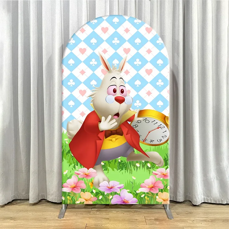 2D Flat Arch Backdrop Cover Single Layer Non-Stretch Fabric Alice in Wonderland Themed Panels with Rabbit Clock and Cheshire Cat - view 5