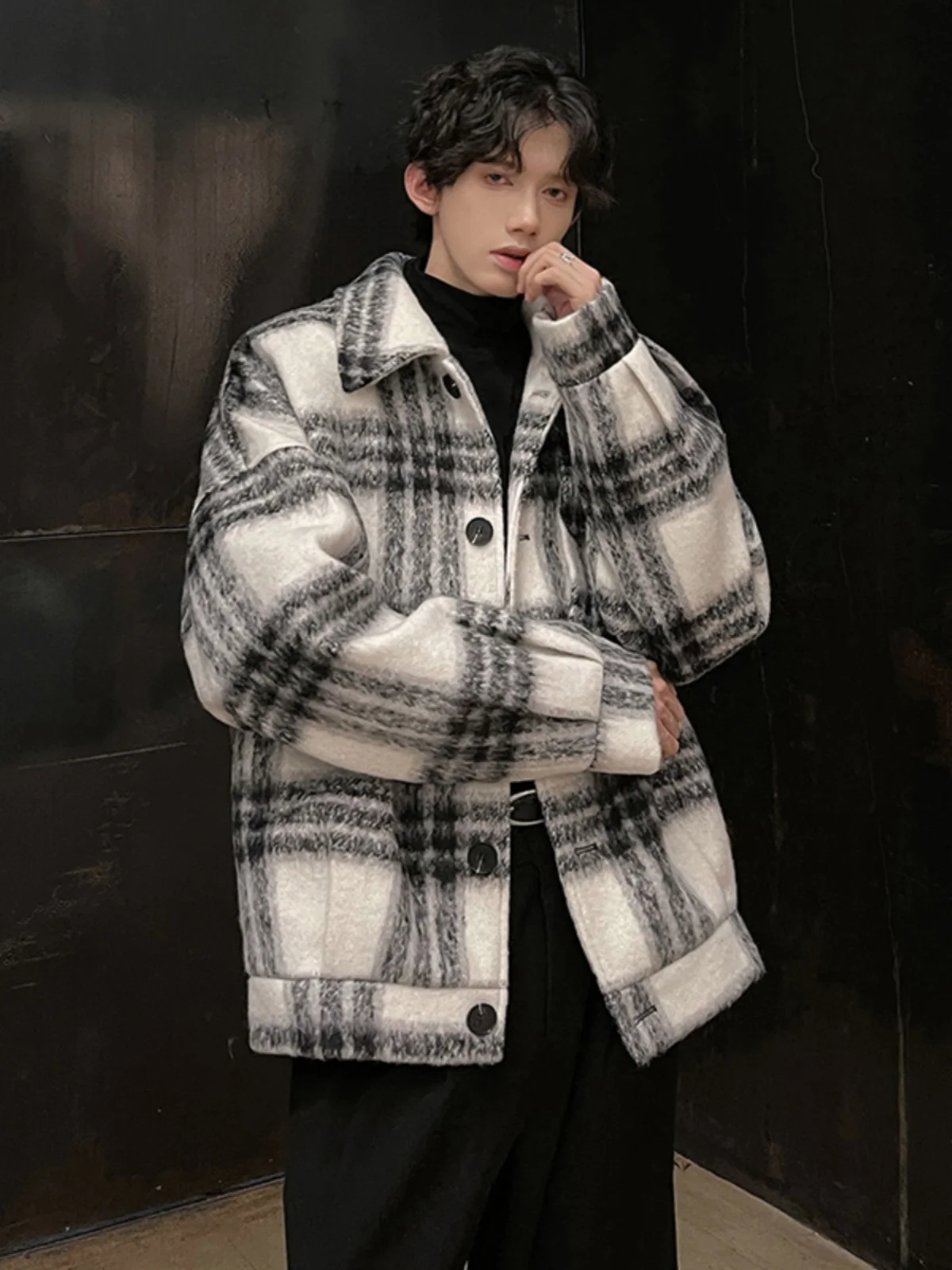 

Мужское шерстяное клетчатое пальто в корейском стиле, осенне-зимнее, модное, брендовое, высококачественное, черно-белое, в стиле Харадзюку