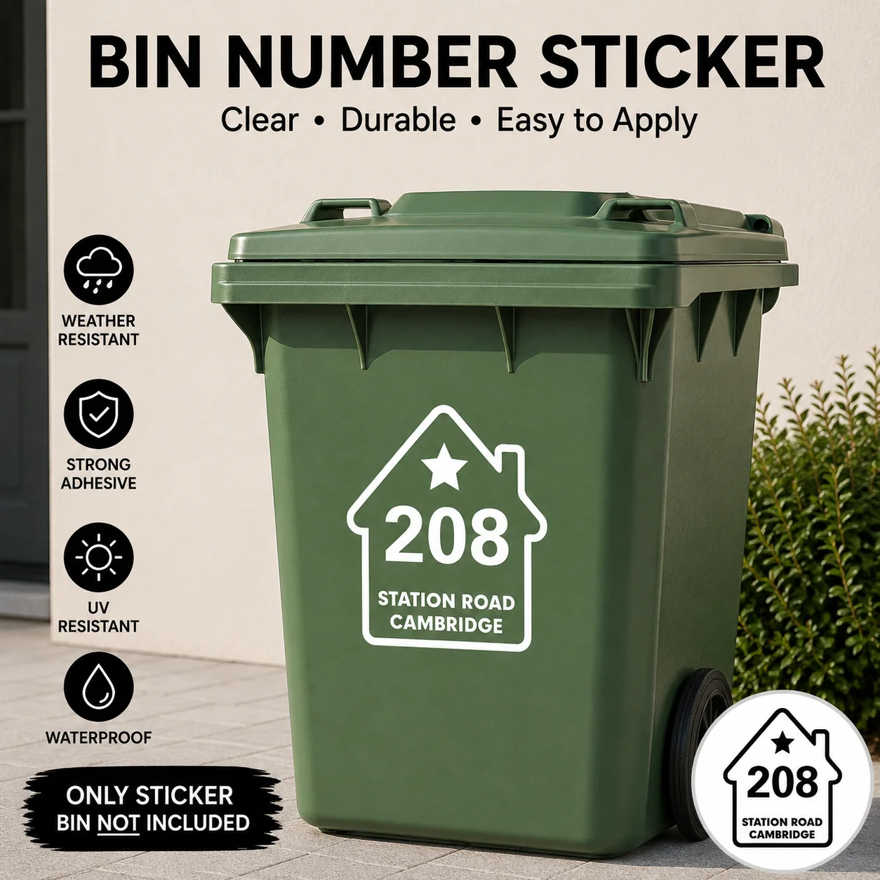 Custom Star Symbol Wheelie Bin Number Sticker, Waterproof UV Weather Resistant Vinyl Decal, Self‑Adhesive Address Label For Outd