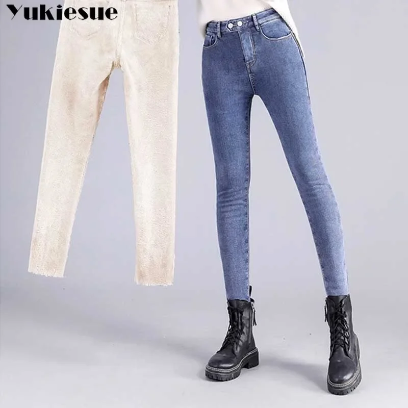 Thicken Slim Denim Pants Women's Skinny Pencil Vintage Leggings Trousers Streetwear High Waist Plush Lined Jeans 2025 Winter