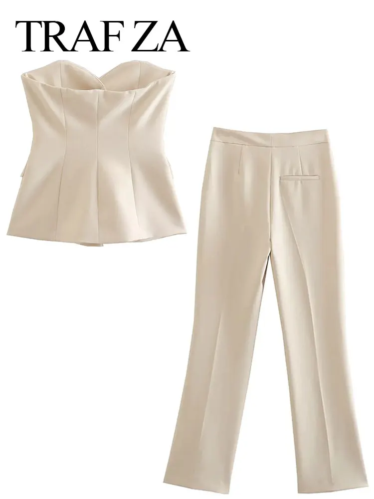 TRAFZA Sleeveless Off Shoulder Tube Top Slim Single Breasted Commuter Blazer + Pants Simple All-match Straight Trousers Set