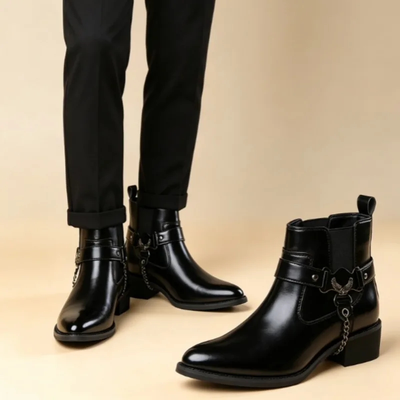 2026 Men Boots Fashion Pointed Leather Booties British Style Business Ankle Boots Lacquer Leather High Top Boot Men Dress Boots