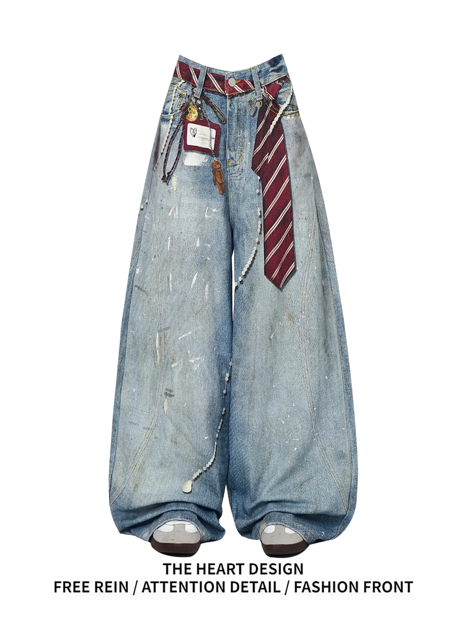 

Women's Distressed Denim Wide Leg Jeans Y2K Grunge Style Tie & Pearl Chain Printing High Waist Casual Streetwear Trousers