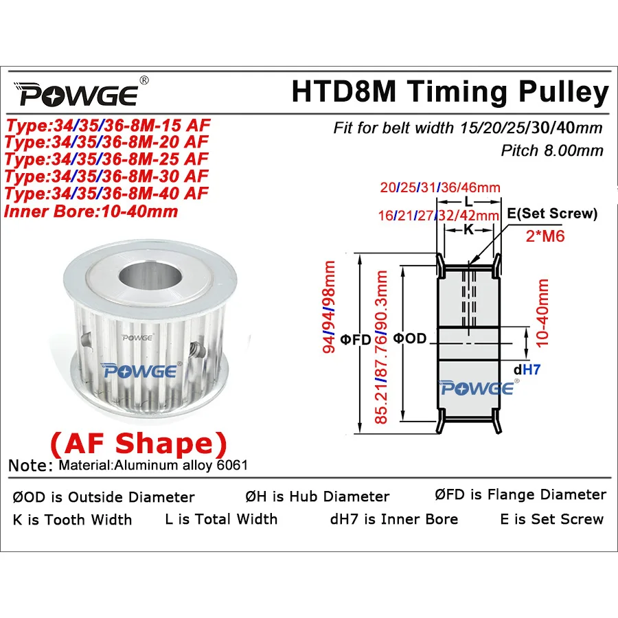 POWGE HTD 8M 34 35 36 teeth Timing Pulley Bore 10-40mm for HTD8M belt width 15/20/25/30/40mm 34T 35T 36T 34Teeth 35Teeth 36Teeth